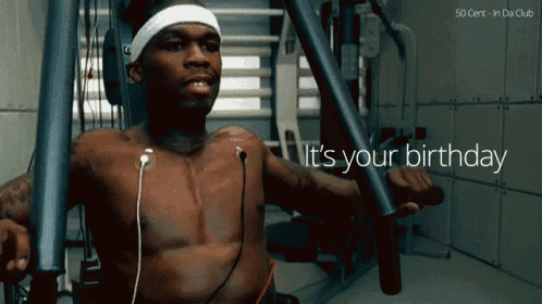 a shirtless man in a gym with the words " it 's your birthday "
