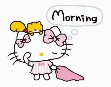 a hello kitty cartoon with a squirrel on her head and the words morning written above her