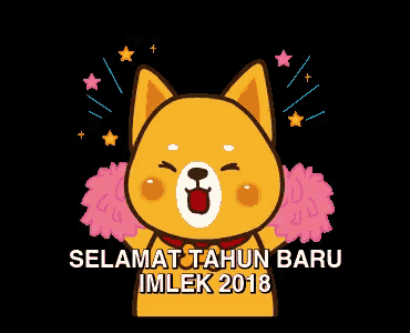 a cartoon dog with pink pom poms and selamat tahun baru imlek 2018