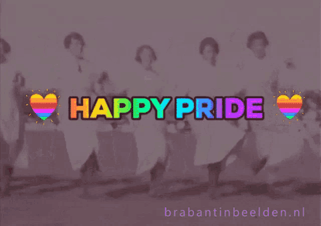 a group of people are standing in front of a sign that reads happy pride