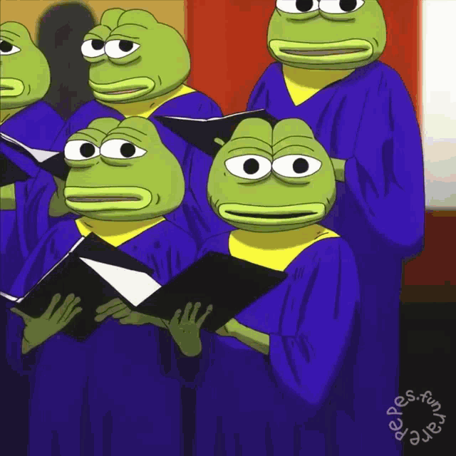 a group of green frogs wearing purple gowns are singing