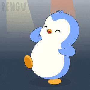 a blue and white penguin is standing in front of a spotlight with the word pengu in the background