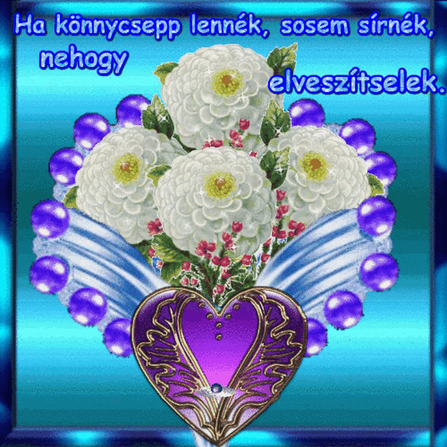 a bouquet of white flowers surrounded by purple beads and a purple heart on a blue background