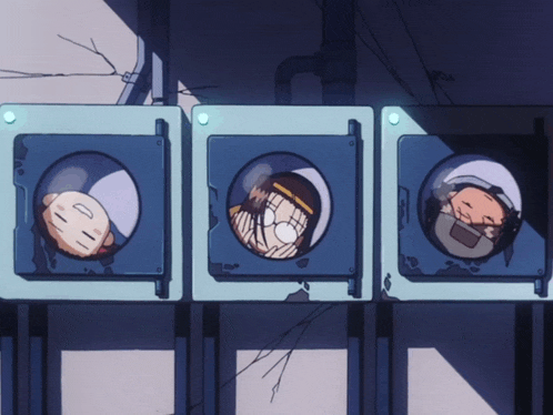 three cartoon characters are peeking out of a blue container