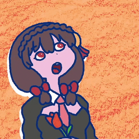 a drawing of a girl with red eyes and a flower in her hand
