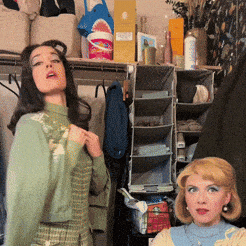 two women are standing in a closet with a box on the shelf that says ' sally ' on it