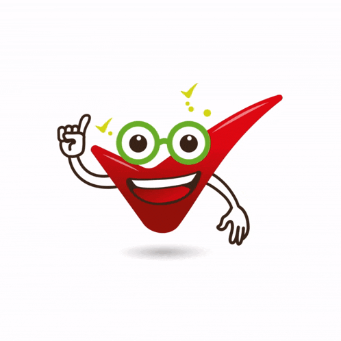 a cartoon illustration of a red check mark with green glasses