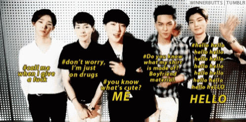 a group of young men standing next to each other with the words hello written in yellow