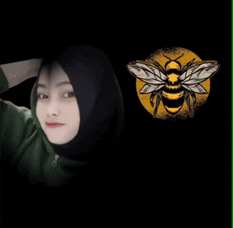 a woman in a hijab stands in front of a bee and the word ratu on a black background