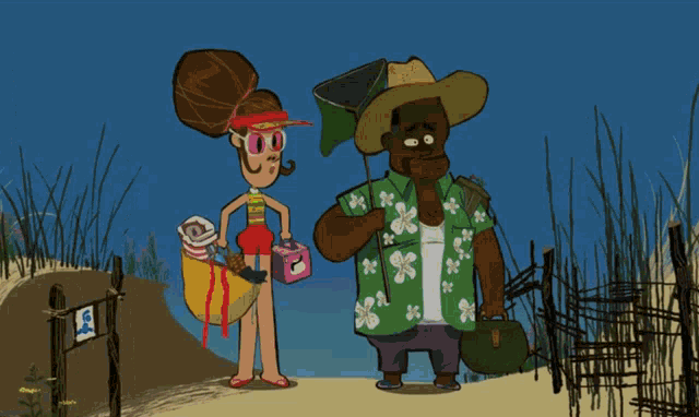 a cartoon drawing of a man and a woman on a beach with a sign that says ' no dogs '