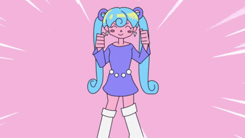 a cartoon girl with blue hair and white boots is standing in front of a pink background and giving a thumbs up .