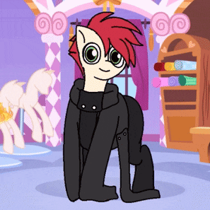 a cartoon pony with red hair is kneeling down in a room