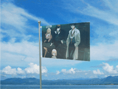 a flag with a picture of people on it
