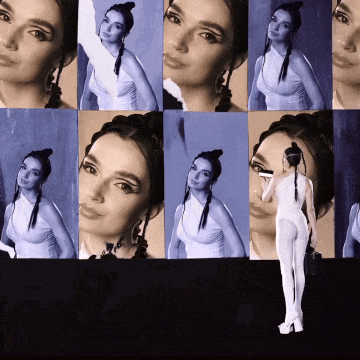 a collage of images of a woman in a white jumpsuit