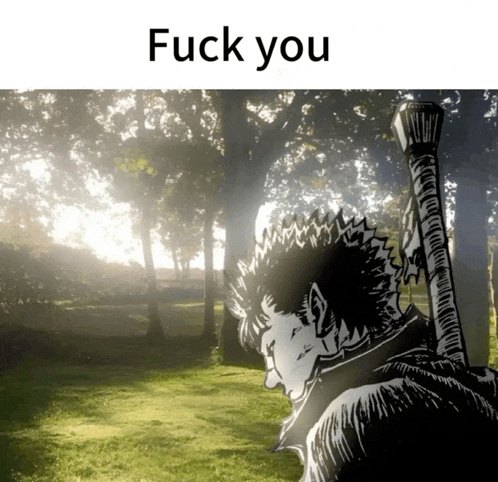 a black and white drawing of a man holding a sword with the words " fuck you " above him