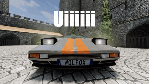 a wolf fox car is parked in front of a stone building