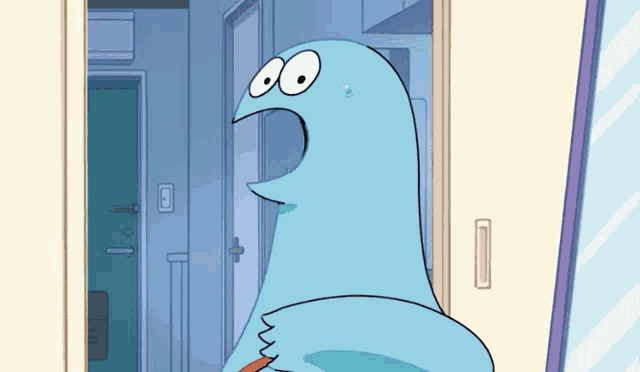 a cartoon character with a surprised look on his face is standing in front of a door
