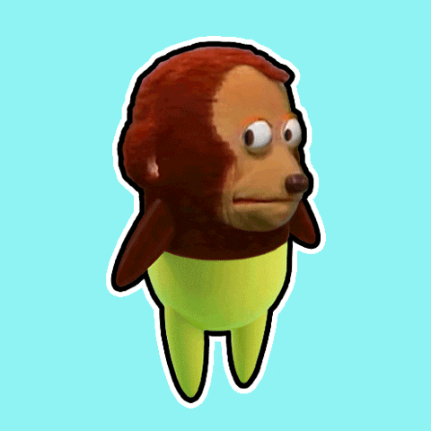 a cartoon monkey with big eyes and a yellow body is against a blue background