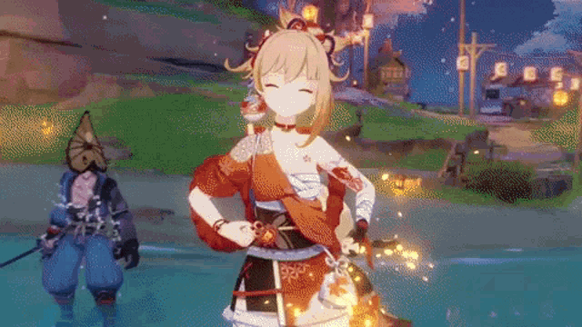 a girl is holding a sword in a video game while a man stands in the water .