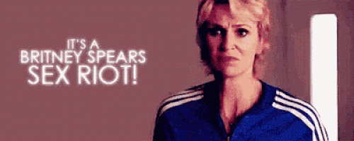 a woman in a blue adidas jacket says it 's britney spears sex riot