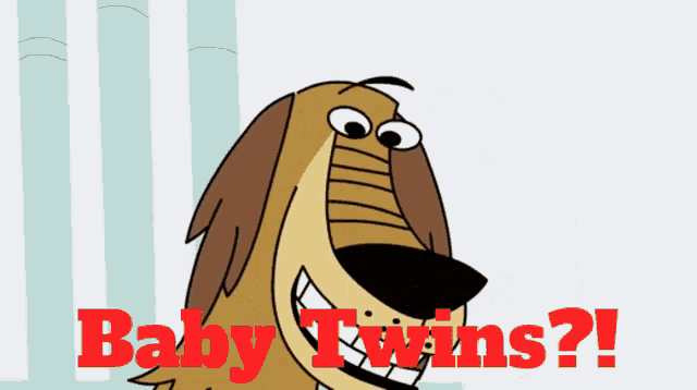 a cartoon dog is smiling with the words baby twins behind him