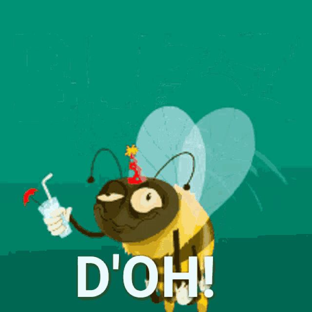 a cartoon bee wearing a party hat is holding a drink and says d ' oh