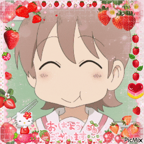 a picture of a girl surrounded by strawberries with picmix written on the bottom right
