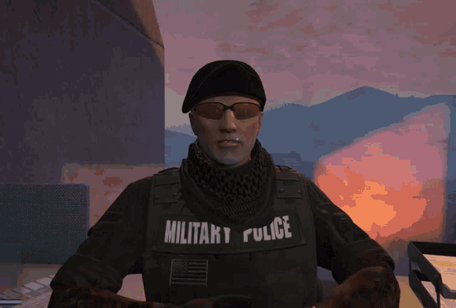a man wearing a military police vest and sunglasses