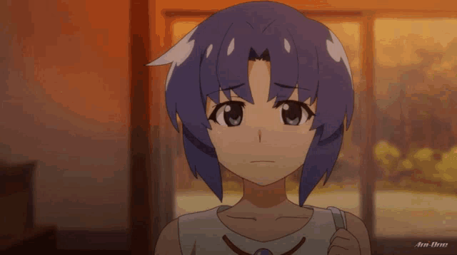 a girl with purple hair is standing in front of a window