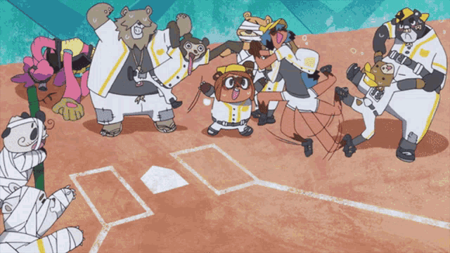 a group of cartoon characters are on a baseball field and one of them is wearing a shirt that says ' a '