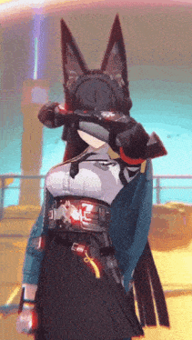 a video game character with a cat ear and a belt that says e on it