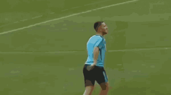 a man in a blue shirt is standing on a soccer field with a soccer ball .