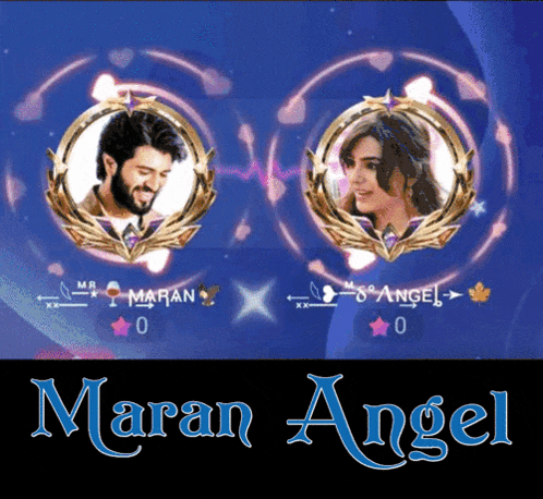 a man and a woman are on a blue background with the words maran angel below them