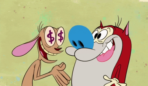 two cartoon characters with dollar signs on their eyes are smiling