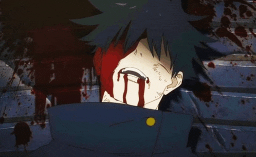 a cartoon character with blood coming out of his mouth .