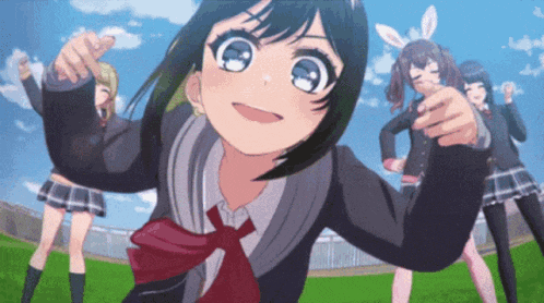 a group of anime girls are standing in a grassy field