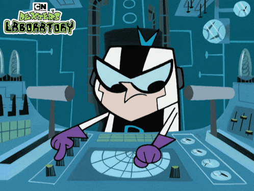a cartoon character from cn dexter 's laboratory is sitting at a desk