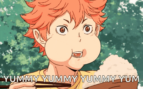 a cartoon of a boy eating rice with chopsticks and the words " yummy yummy yummy yum " below him