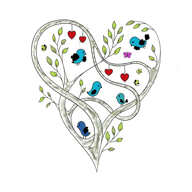 a drawing of a heart shaped tree with birds and butterflies