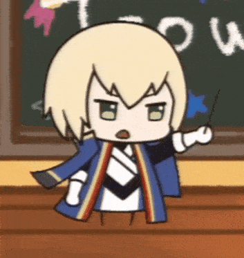 a cartoon character is standing in front of a chalkboard with the letter u written on it