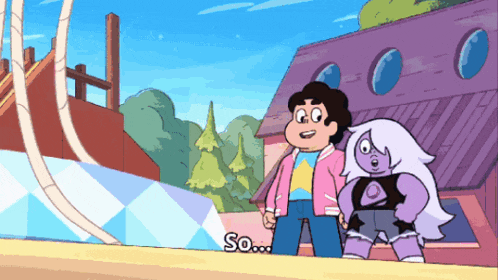 a cartoon of steven and amethyst standing next to each other with the words so on the bottom
