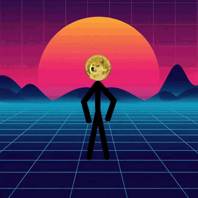 a stick figure with a doge head stands in front of a sunset