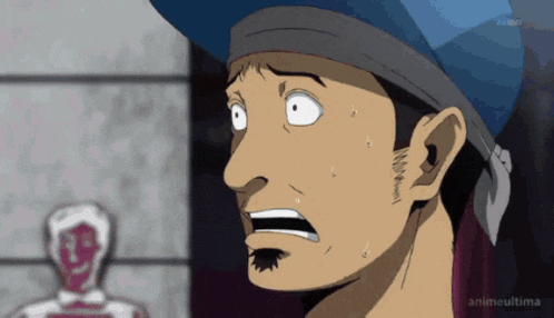 a cartoon of a man with a scared look on his face and the words animeultima on the bottom