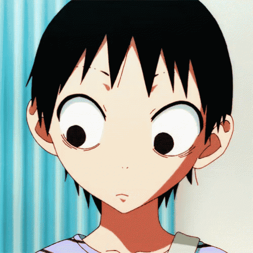 a cartoon character with big eyes and black hair