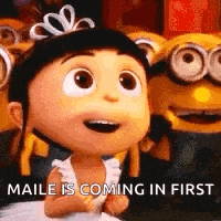 a cartoon girl with a crown on her head is standing in front of a crowd of minions .