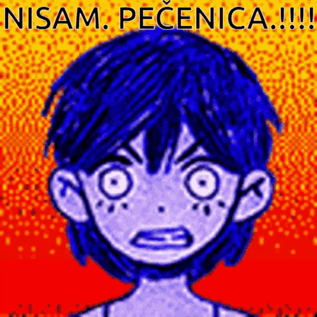 a cartoon of a boy with blue hair and the words nisam pecenica !!!