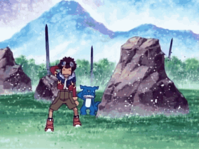 a boy and a blue dog are standing in a field with a mountain in the background