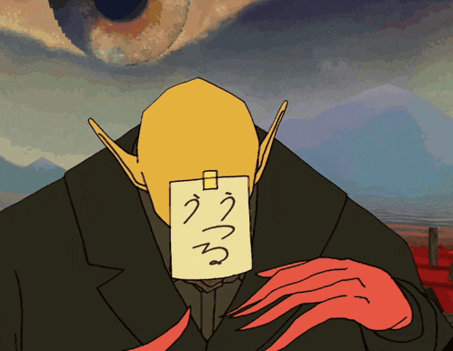 a cartoon character holding a piece of paper with chinese writing on it in front of his face