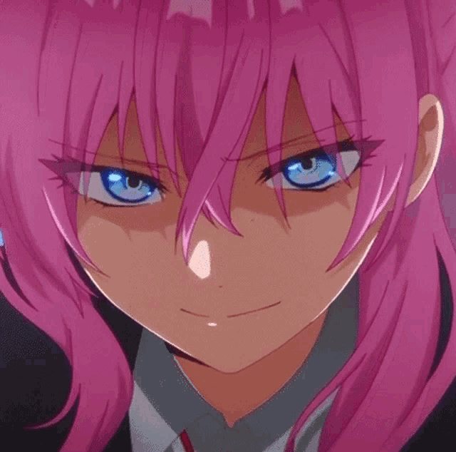 a close up of a pink haired anime girl with blue eyes .
