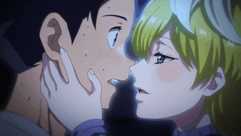 a boy and a girl are kissing and the girl has a flower on her head